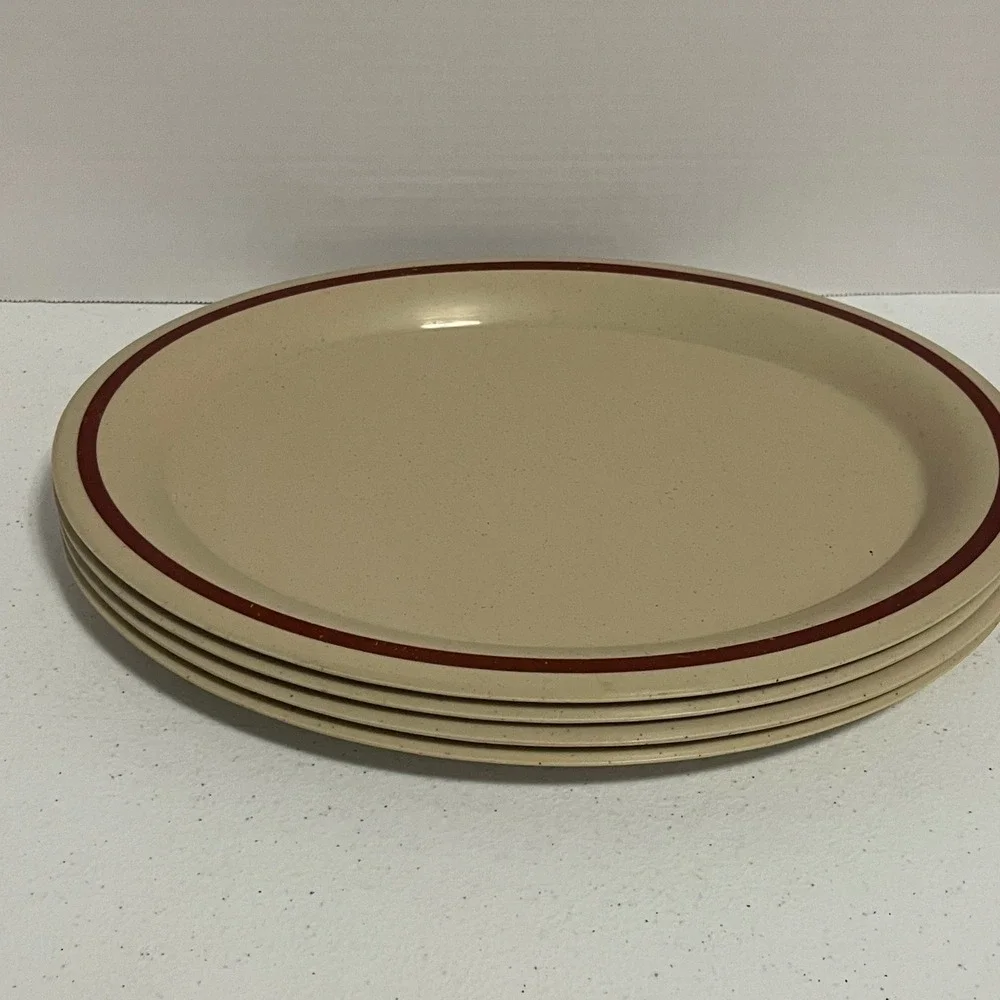Vtg G.E.T. Melamine Dinner‎ Plates Set of 4 Tan Brown Rim Rest. Ware Oval READ
